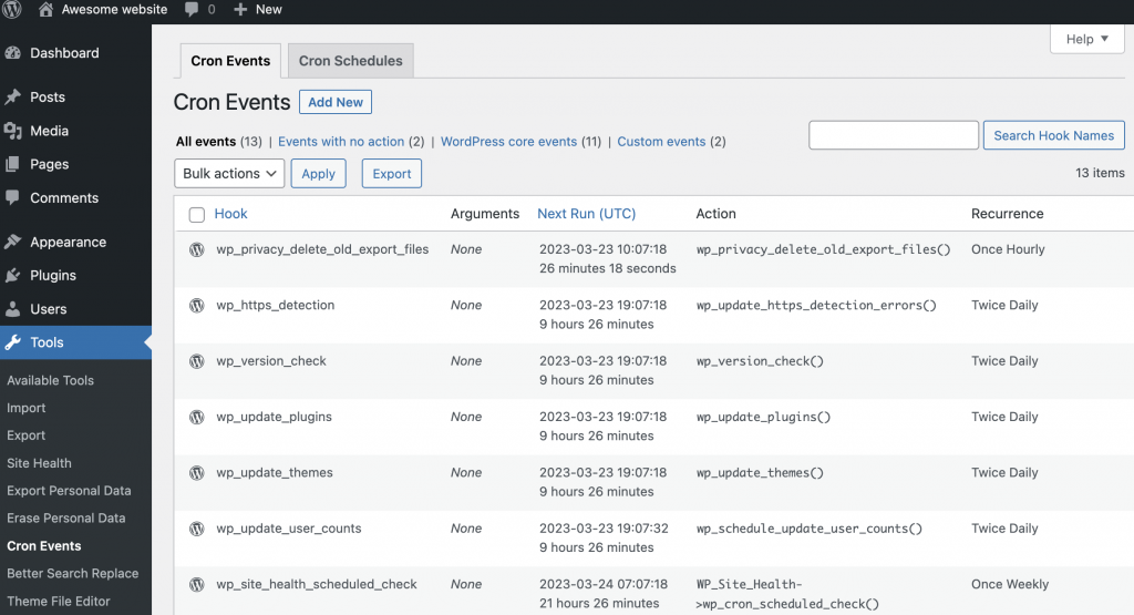 The list of existing cron events that currently run on WordPress