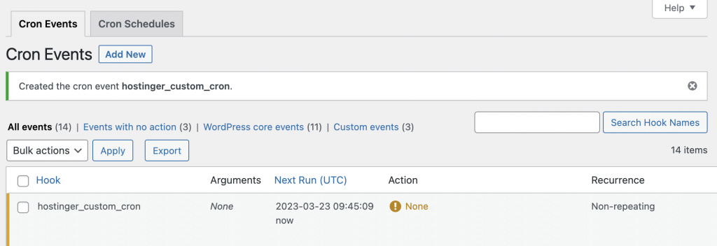 The new cron event has appeared in the Cron Events list