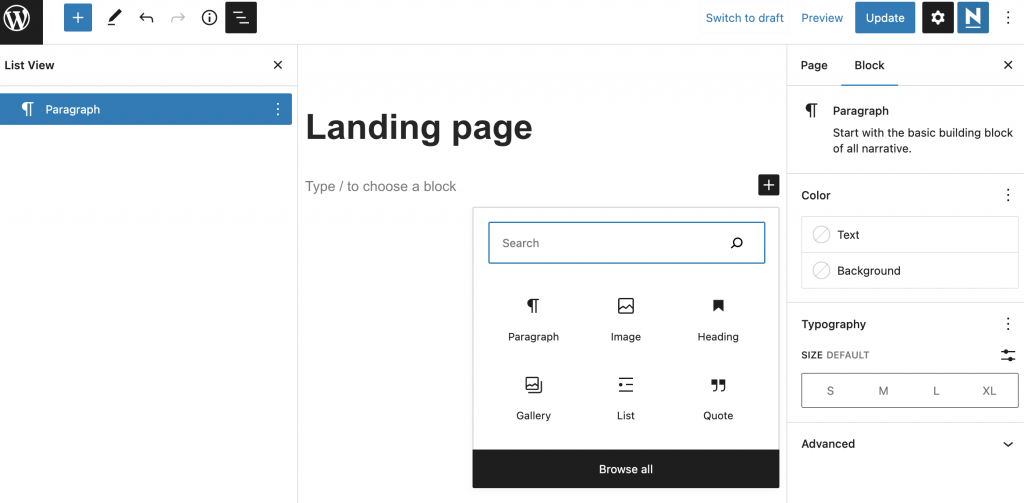 The location of the Search option in the WordPress Gutenberg editor
