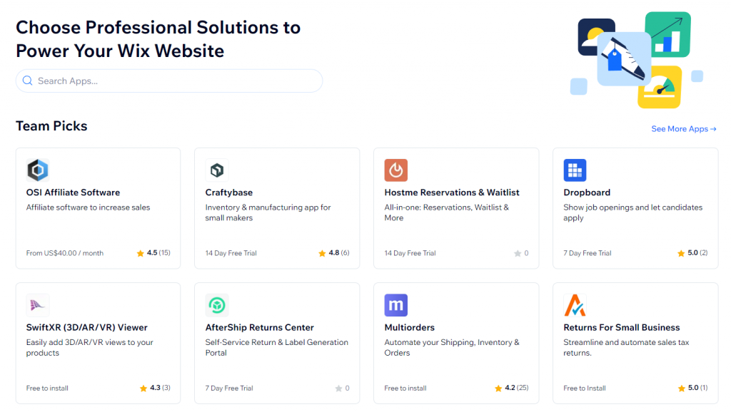 The Wix App Market homepage