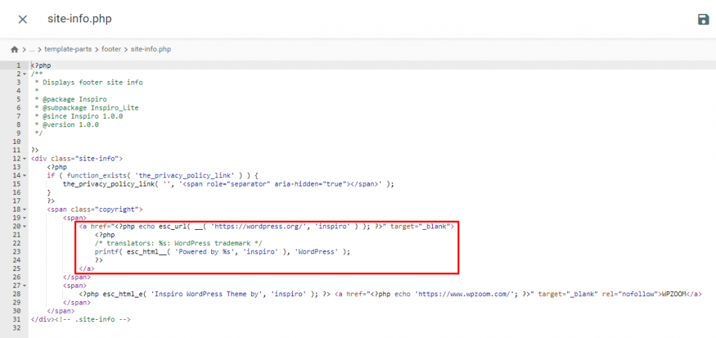 An example of the "powered by WordPress" code in the site-info.php editor.