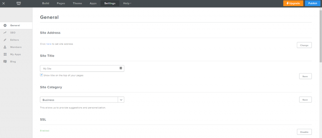 The General Settings page on Weebly