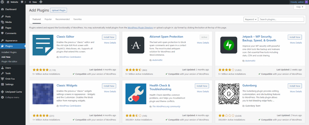 The Add Plugins page on the WordPress dashboard