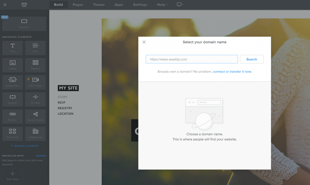The Select your domain name pop-up window on Weebly editor