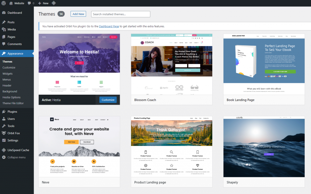 The Themes page on the WordPress dashboard