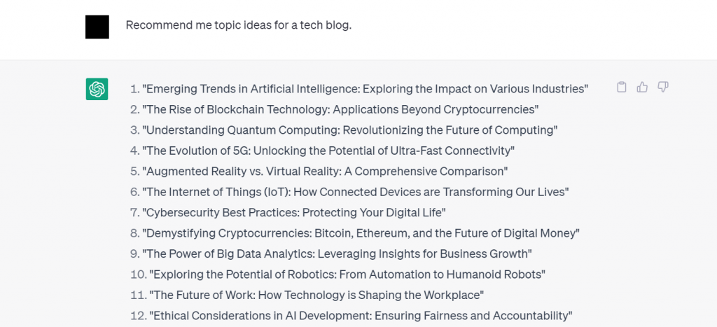 ChatGPT's topic suggestions for a tech blog