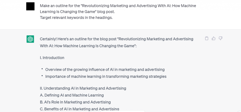 ChatGPT's suggestion of a blog post outline and its content