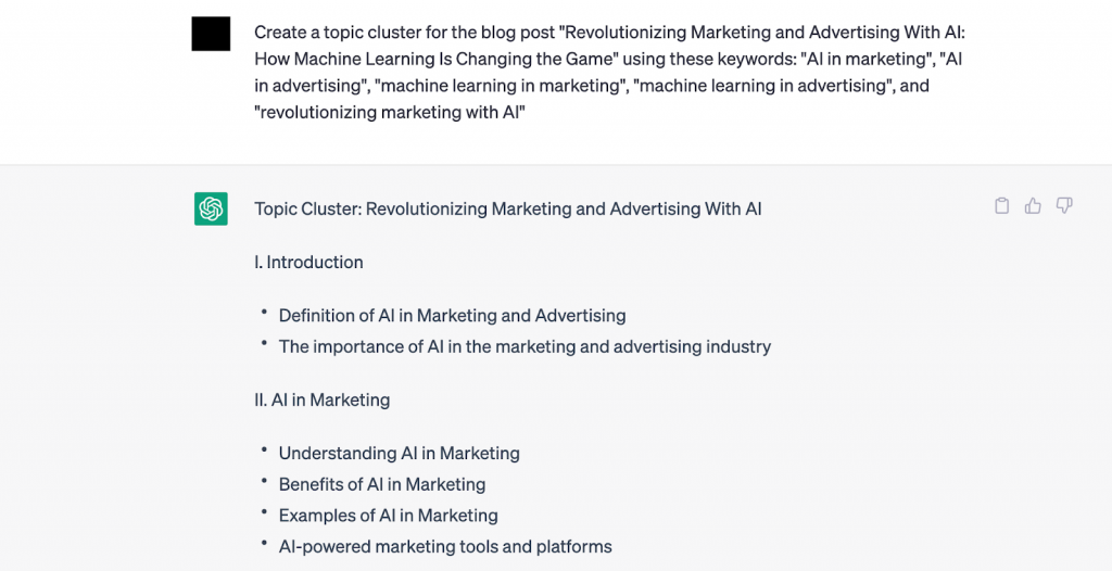 ChatGPT's suggested topic clusters based on the blog post