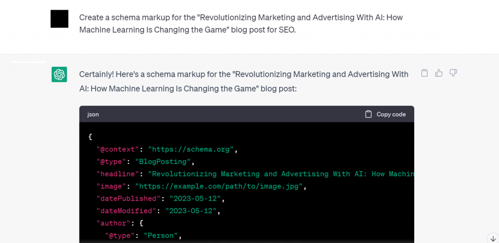 ChatGPT's schema markup suggestion for a blog post