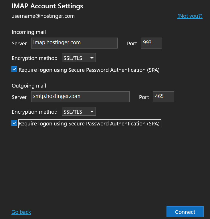 The IMAP account settings on Outlook 2019