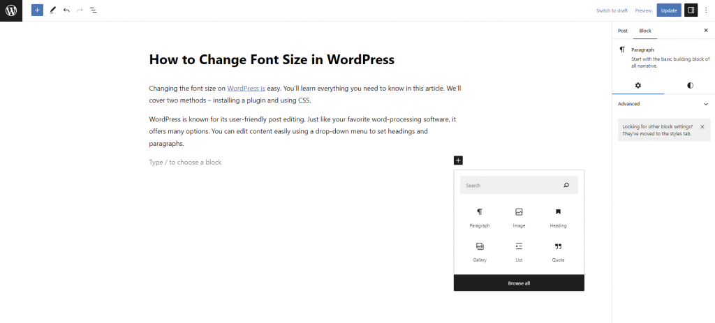 WordPress Gutenberg Editor shows the expanded block inserter tool.