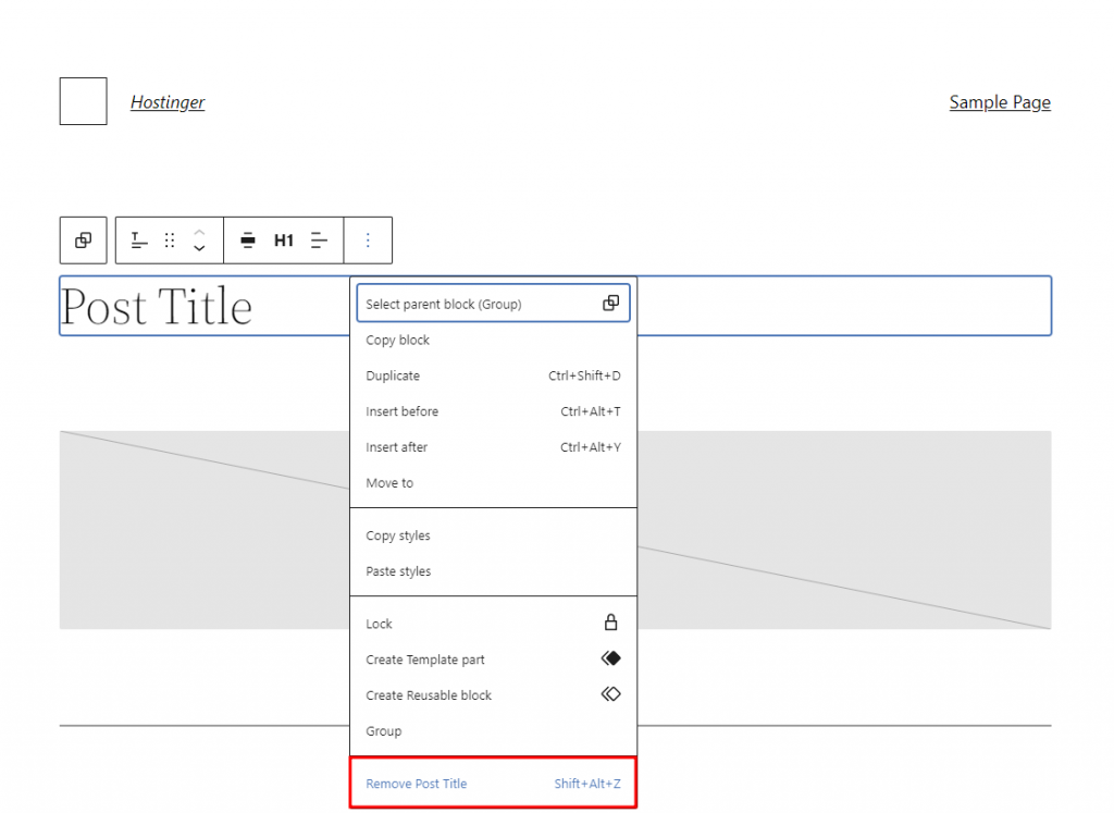 The toolbar menu of the post title block with the Remove Post Title option highlighted.