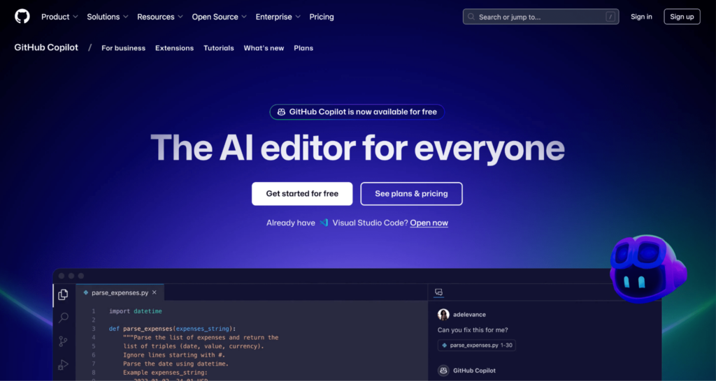 GitHub Copilot landing page