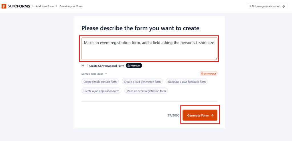 SureForms AI prompt step, showing how to enter the AI prompt to generate form
