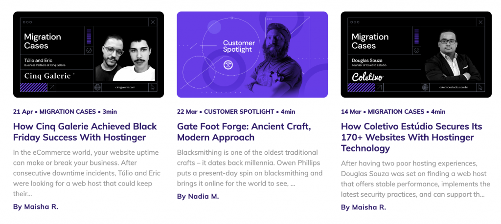 Hostinger's client stories and testimonials on its blog