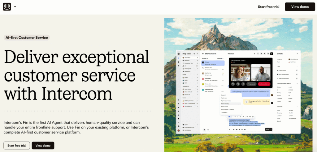 Homepage of Intercom