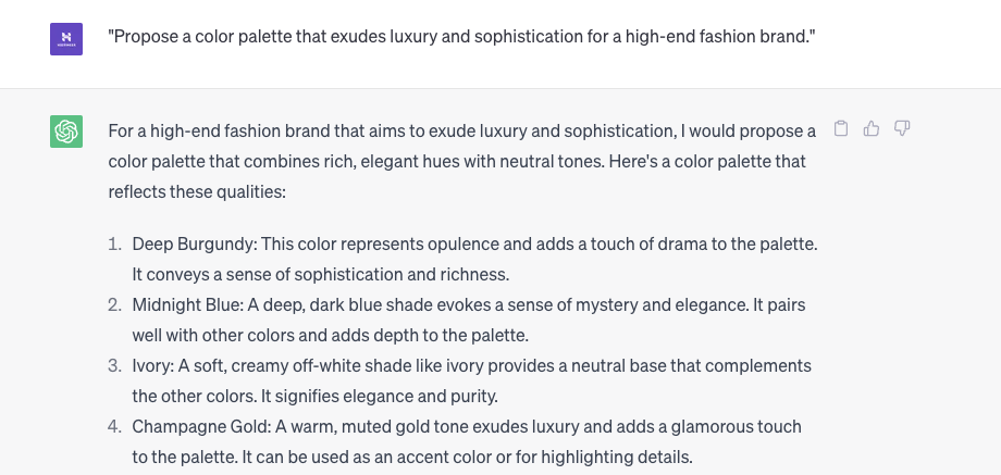 An example of an AI prompt for color palette.