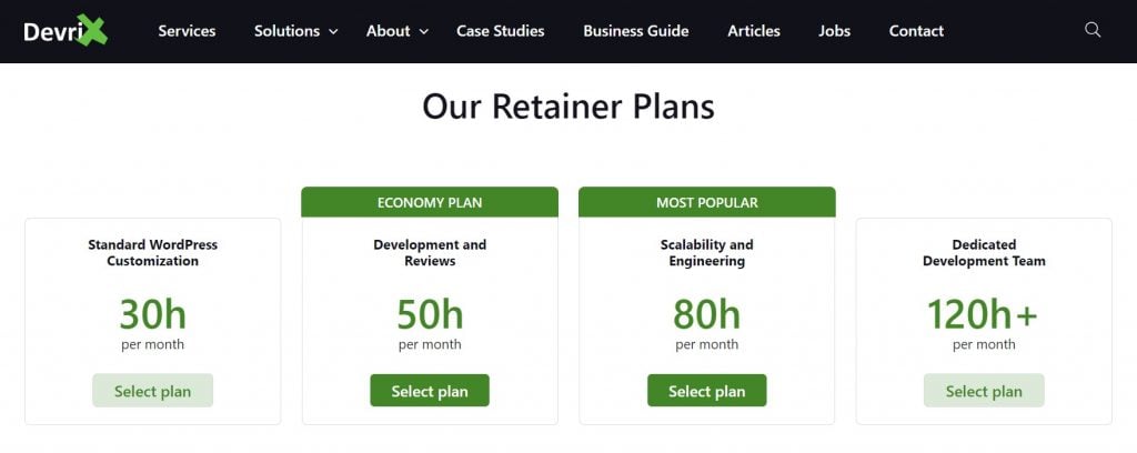 DevriX retainer plans by number of hours