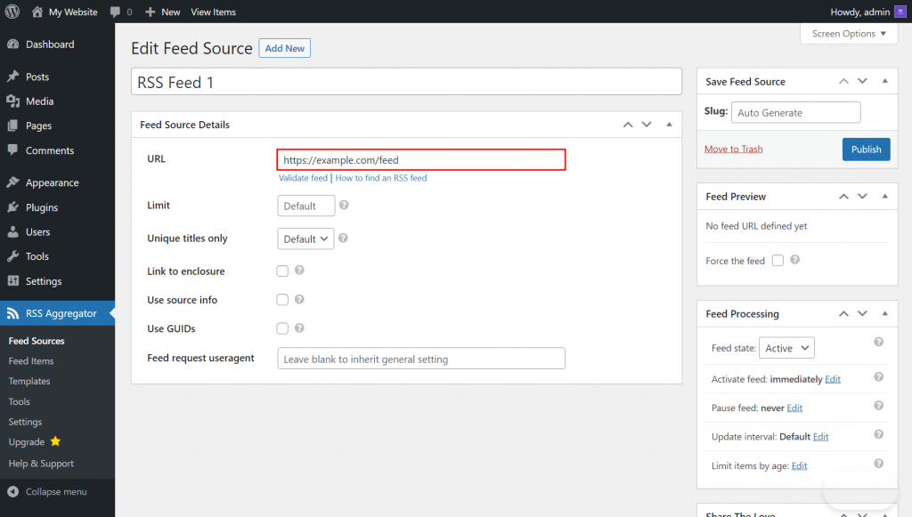 WP RSS Aggregator's Edit Feed Source with the site URL highlighted