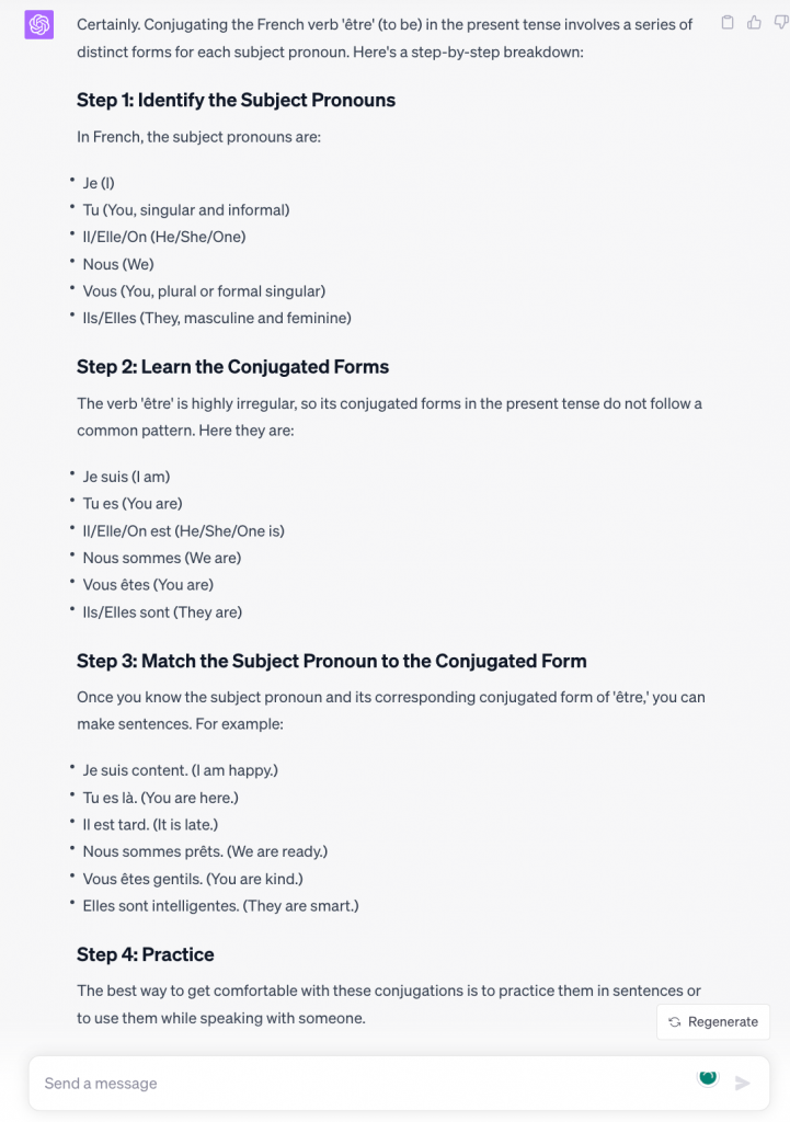 Example of using prompt engineering to understand French grammar