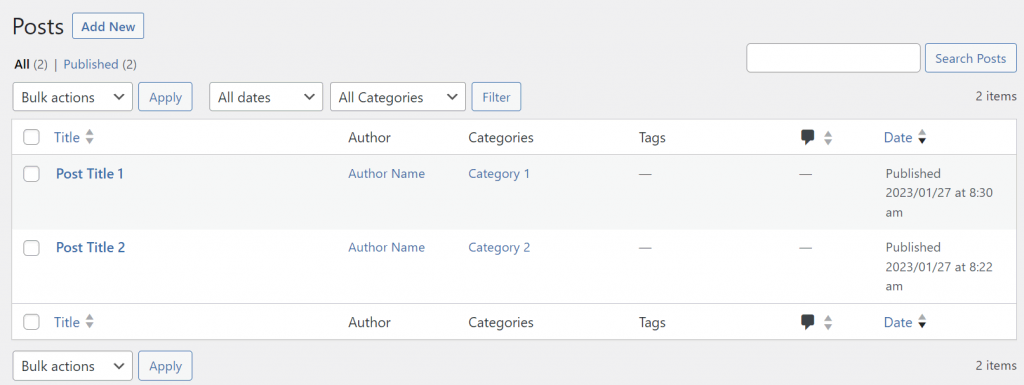 La section Articles de WordPress affiche une liste des articles publiés.