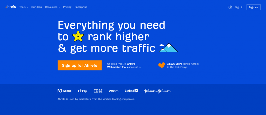 Page d'accueil d'Ahrefs.