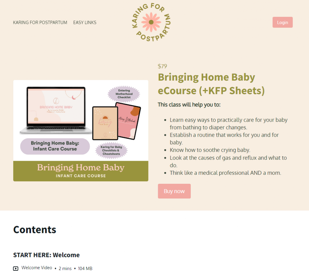 exemples-de-sites-de-professeurs La page du cours en ligne Bringing Home Baby sur le site web de KFP Podia