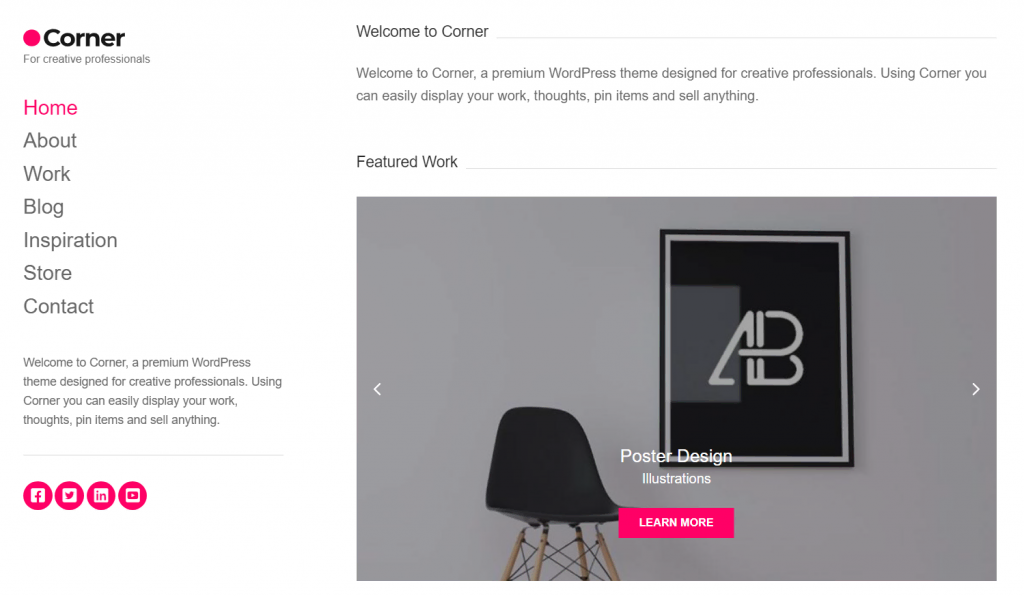 Page d'accueil du site démo du thème Corner
