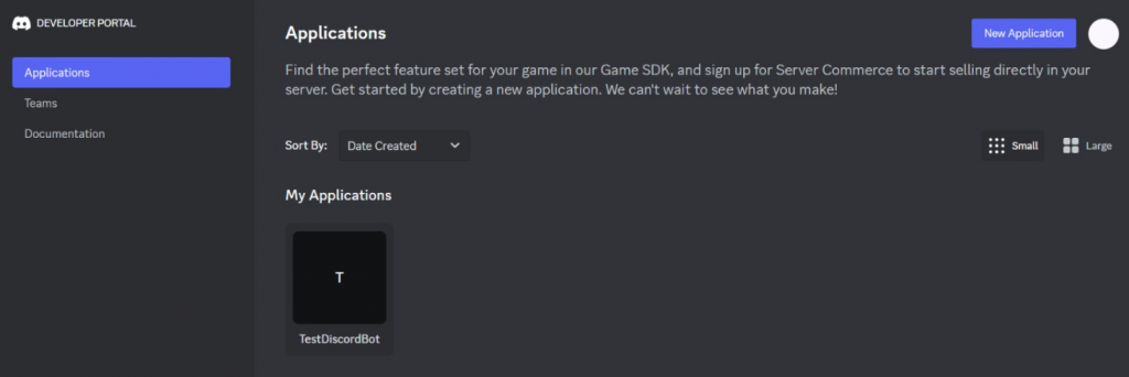 Discord Developer Portal's application management page