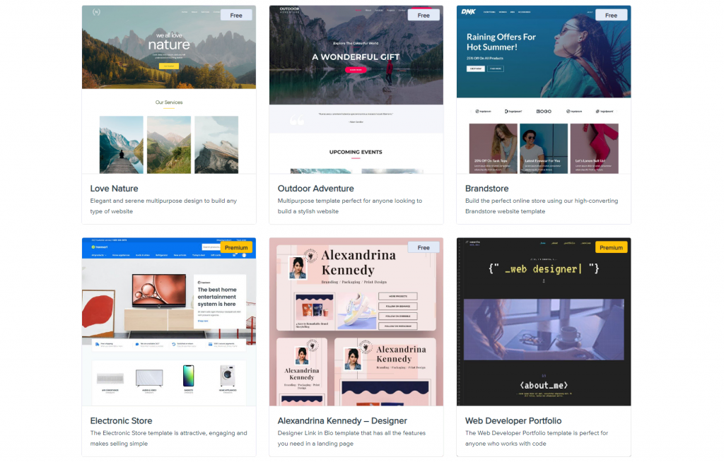 La sélection des templates du thème Hello Elementor