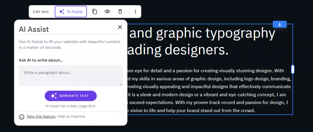 The AI Writer feature in Hostinger Website Builder.