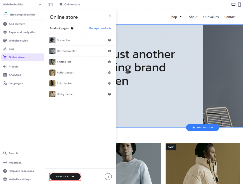 The manage store menu in Hostinger Website Builder.