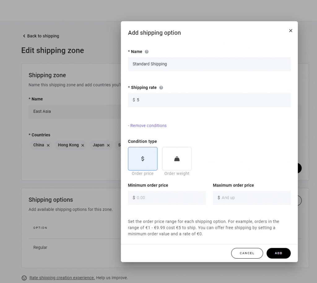 The shipping options in Hostinger Website Builder.