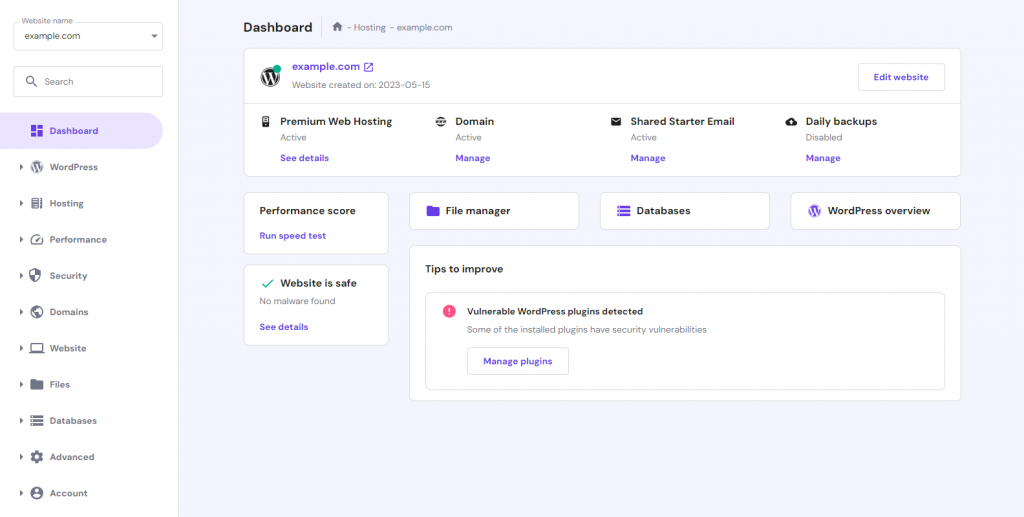 hPanel's dashboard.