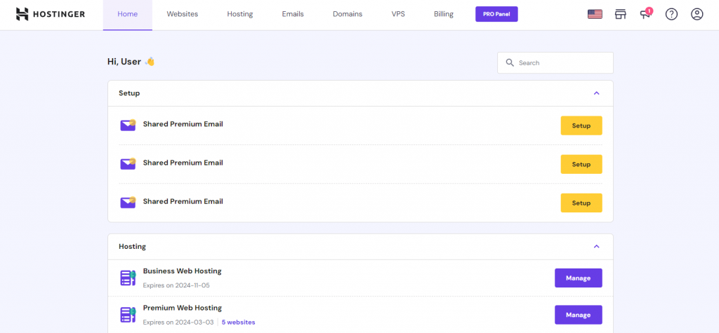 The home page of hPanel.