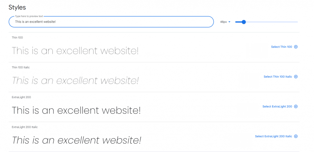 Exemple de la police Poppins sur le site web de Google Fonts
