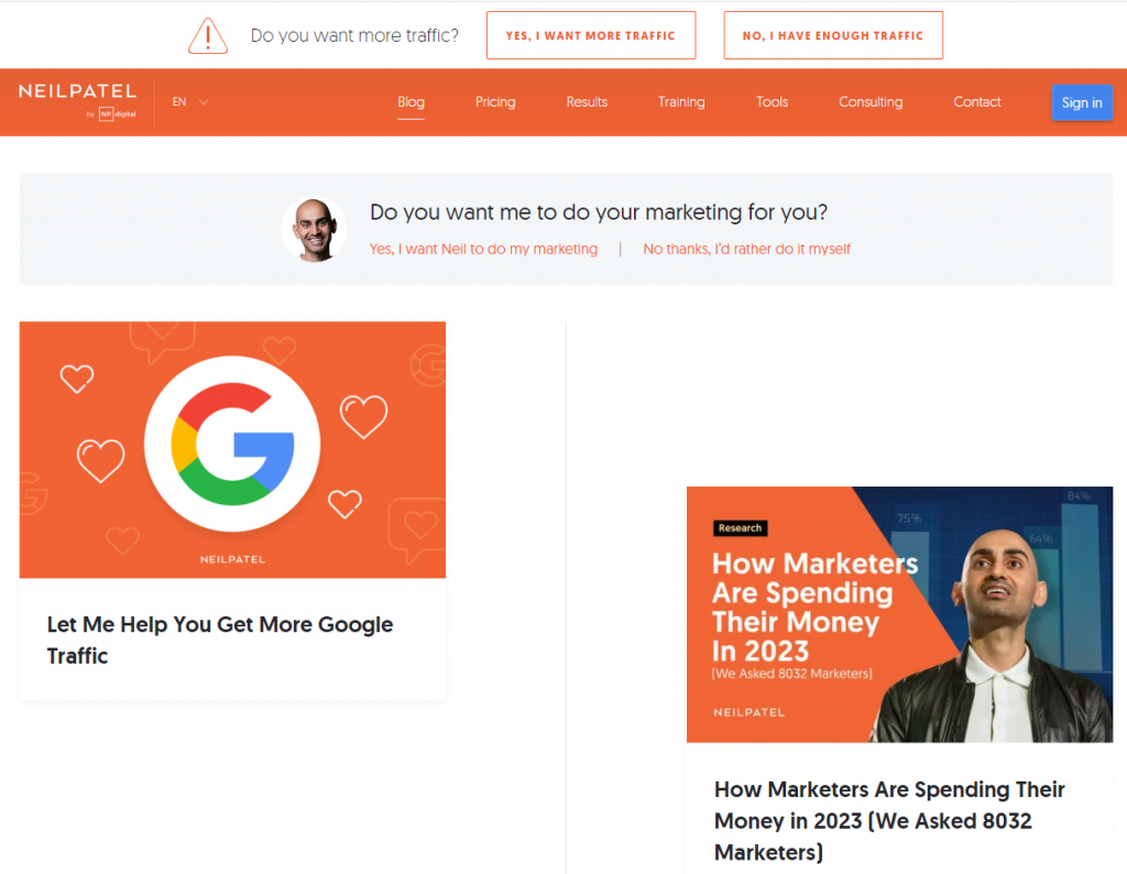 exemples-de-sites-de-professeurs La section blog du site web de Neil Patel