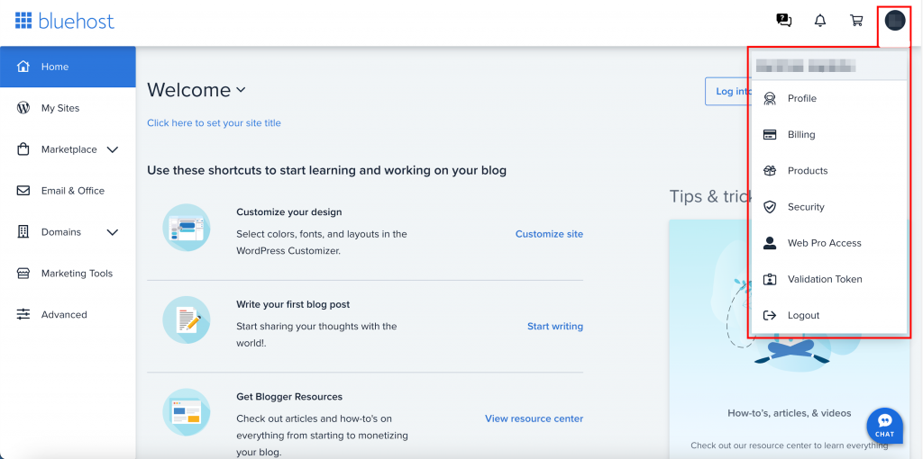 Bluehost dashboard account settings option