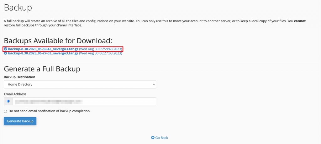 Backup section showing the available backups