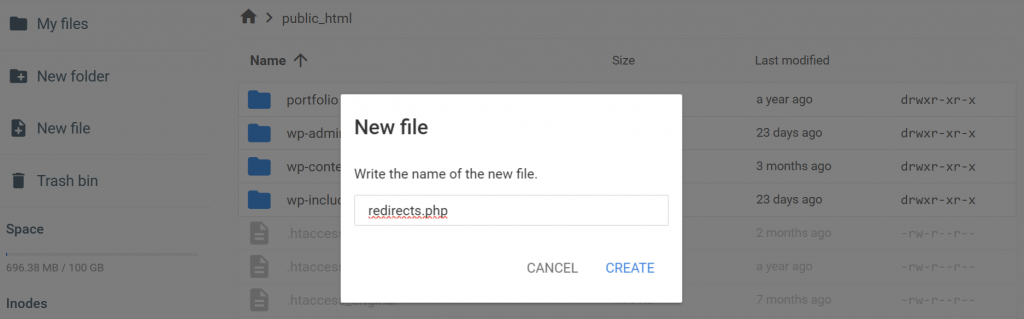 The New File tab in Hostinger's File Manager