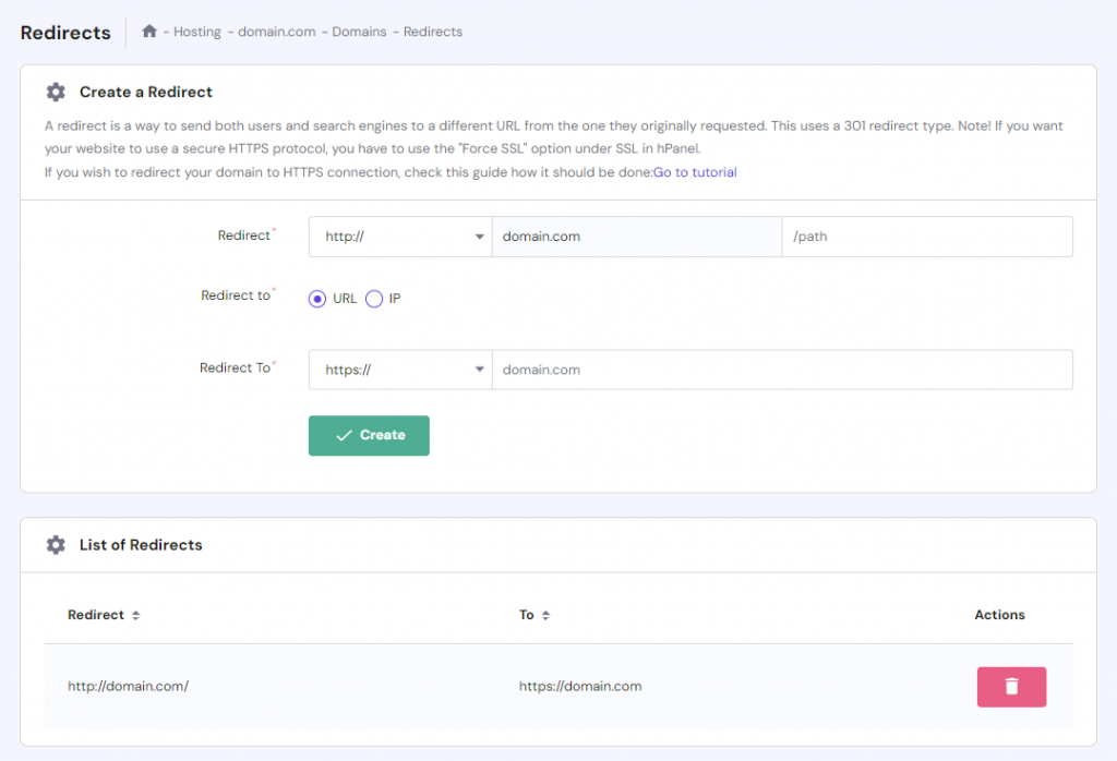 The Redirects section in hPanel
