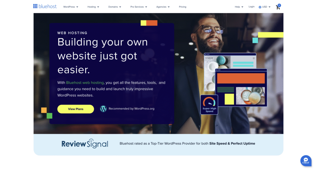 Bluehost web hosting landing page