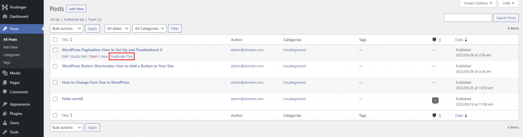 The Duplicate This feature that belongs to the Duplicate Page plugin is highlighted under a post.