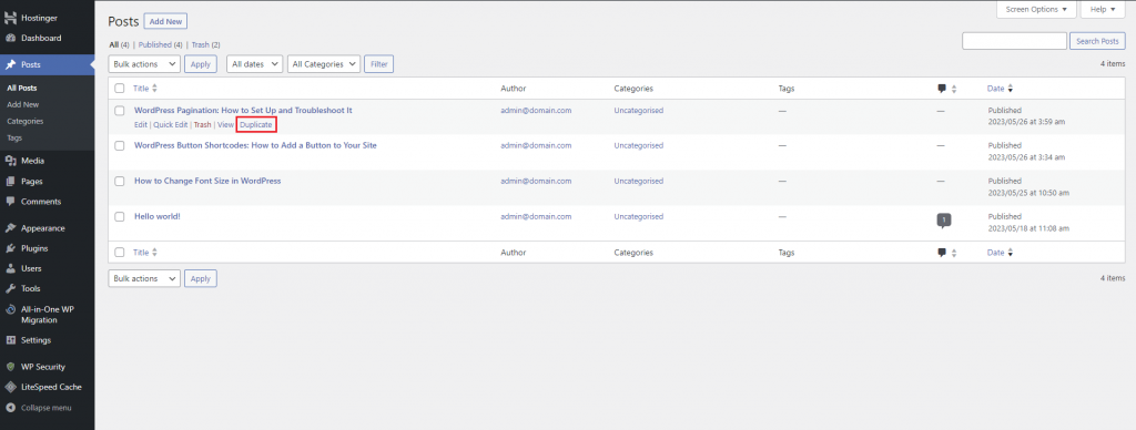 The manually created Duplicate button in the Posts section is highlighted.