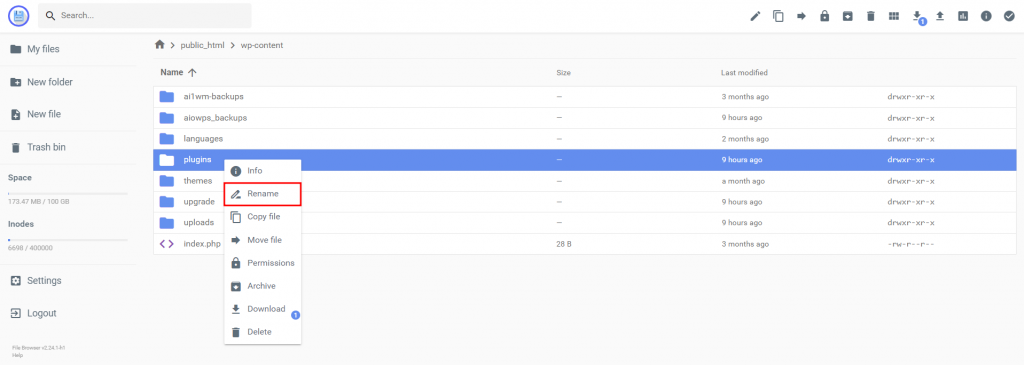 The interface of Hostinger's File Manager, showing the content of the wp-content folder. The Plugin folder and the command "Rename" is highlighted.
