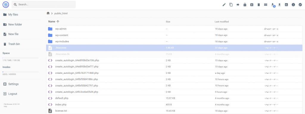The .htaccess file is highlighted in the root directory.