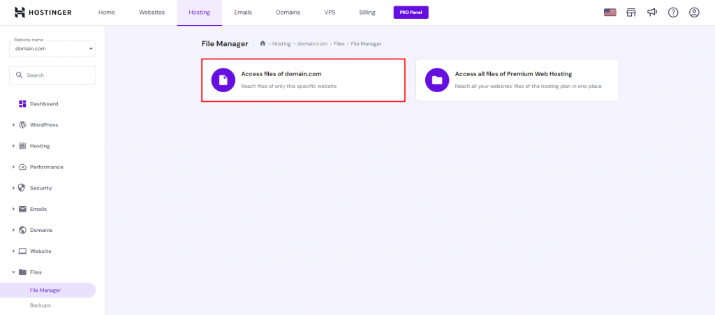 Accessing Hostinger's File Manager from hPanel. The option to access files of the specific website is highlighted.