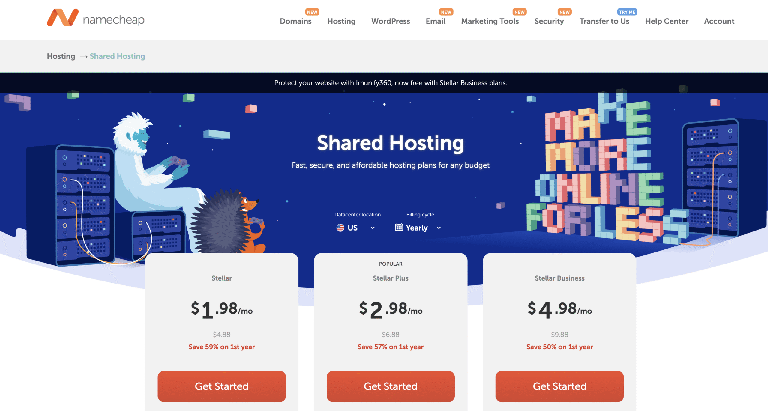 Namecheap web hosting landing page