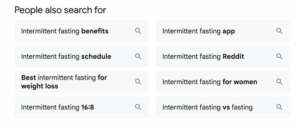 Google’s “People also search for” section showing related queries for “intermittent fasting,” including benefits, app, schedule, Reddit, best for weight loss, for women, 16:8, and intermittent fasting vs fasting.