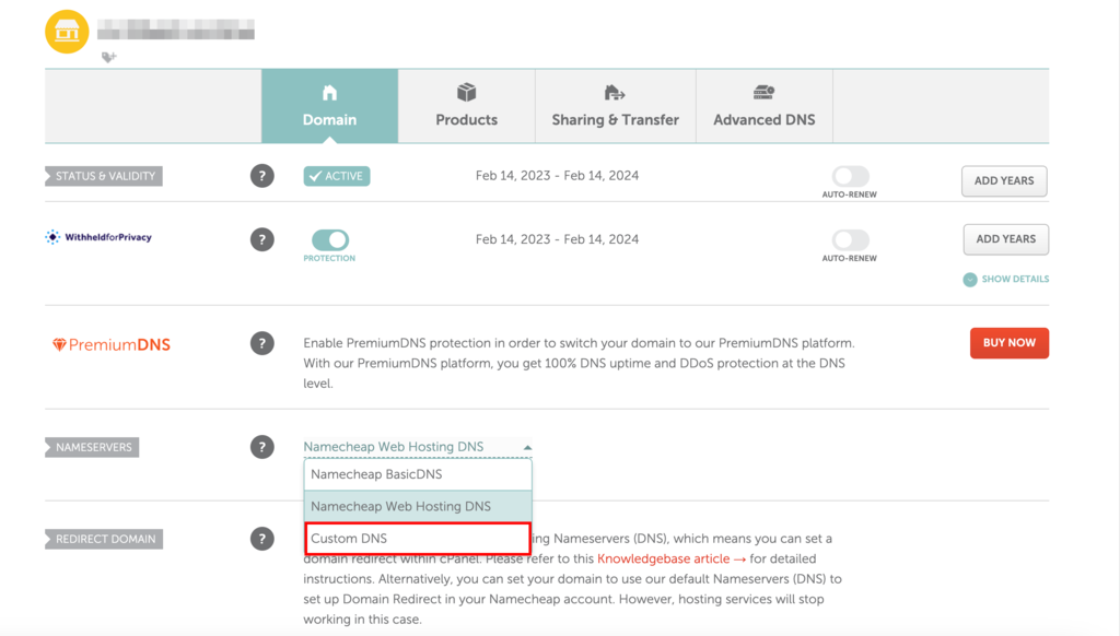 Namecheap nameservers section
